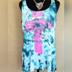 Affliction Blue Pink Graphic Sleeveless Tank Top